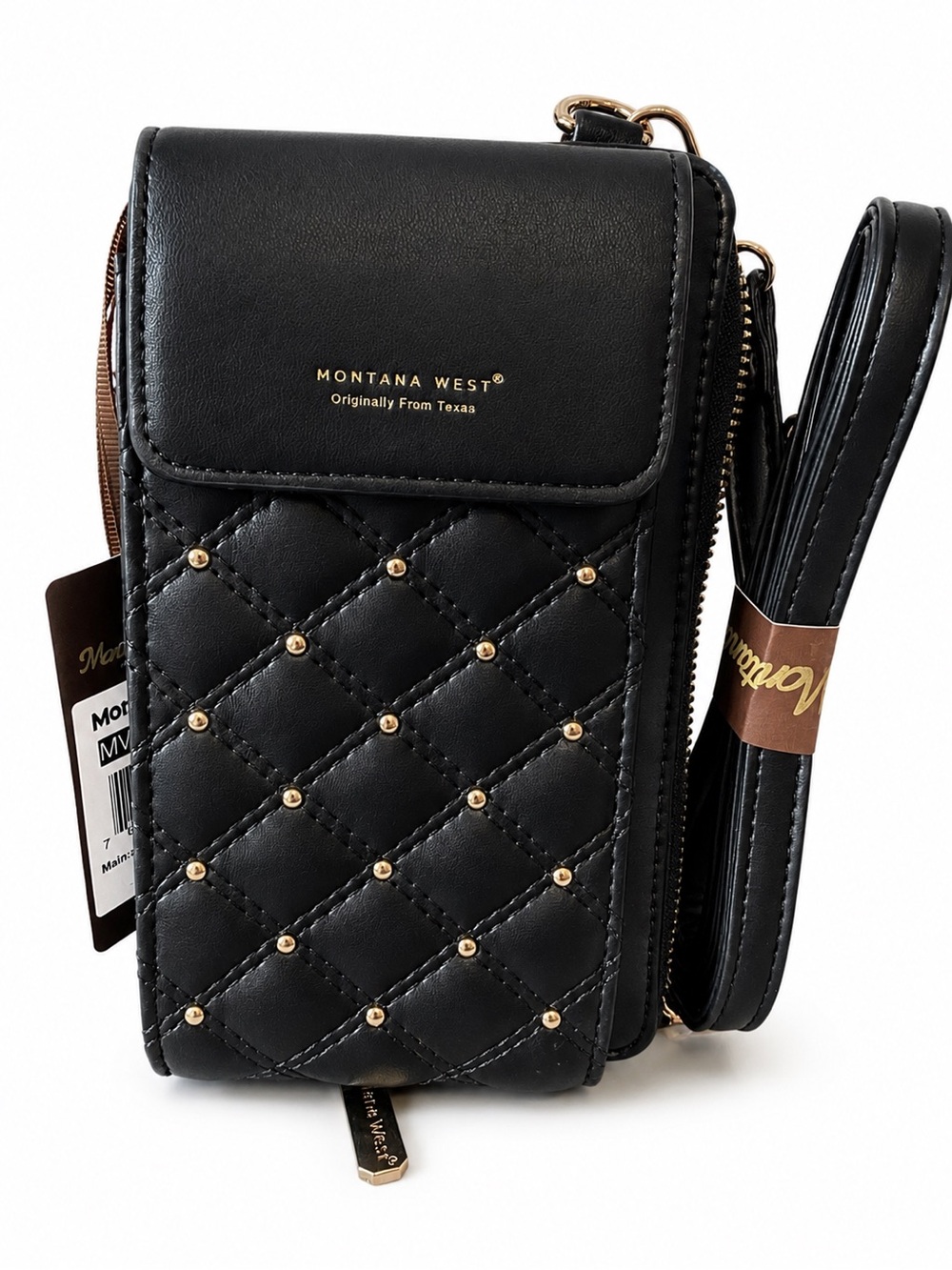 Montana West Black Quilted Crossbody Phone Pouch with Gold Studs